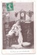 画像1: Postcard　Bebe et Minet 猫と女の子　洗顔しましょ　フランス1908年 (1)