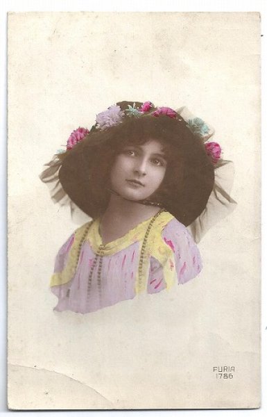 画像1: Postcard  花帽子の女の子　1917年　 (1)