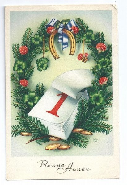 画像1: Postcard　Bonne Annee　新年祝い　馬蹄とキノコ　 (1)