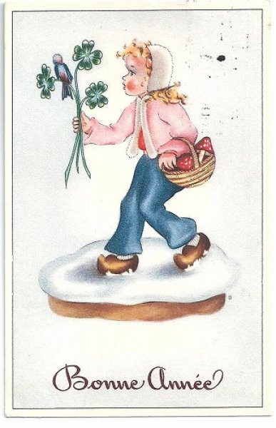 画像1: Postcard　Bonne Annee　キノコを持つ女の子　1947年　 (1)