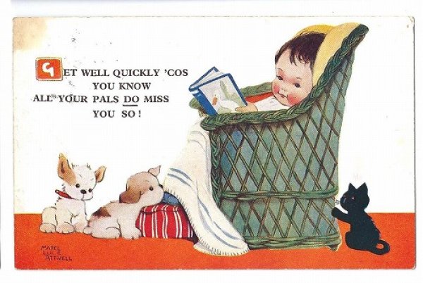 画像1: Postcard　早く良くなってね！本を読む子どもと子犬と黒猫　 Mable Lucie Attwell　　 (1)