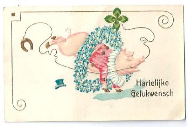 画像1: Postcard　輪くぐりをするサーカスの豚さん　馬蹄と四葉　1905年　 (1)