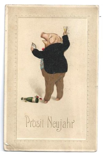 画像1: Postcard　New Year　新年を祝う乾杯をする豚さん　1911年　　 (1)