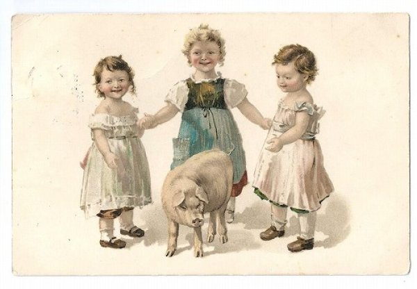画像1: Postcard　3人の女の子と子豚　1908年　  (1)