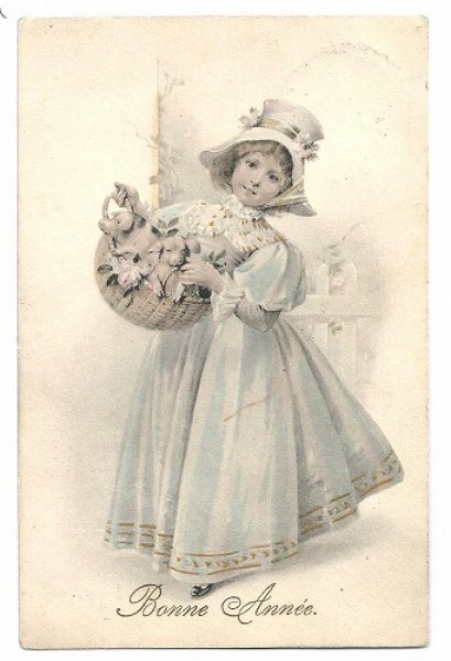 画像1: Postcard　子豚のバスケットを持つ女の子　ウィーン趣味風　1913年　 (1)