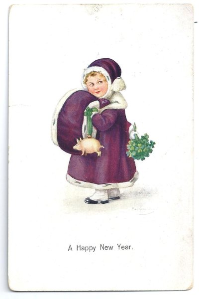 画像1: Postcard　New Year マフの女の子とグッドラックの子豚　1920年　  (1)