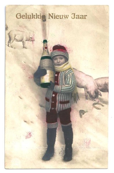 画像1: Postcard　New Year シャンパンと男の子　豚さんと馬蹄　1920年　  (1)