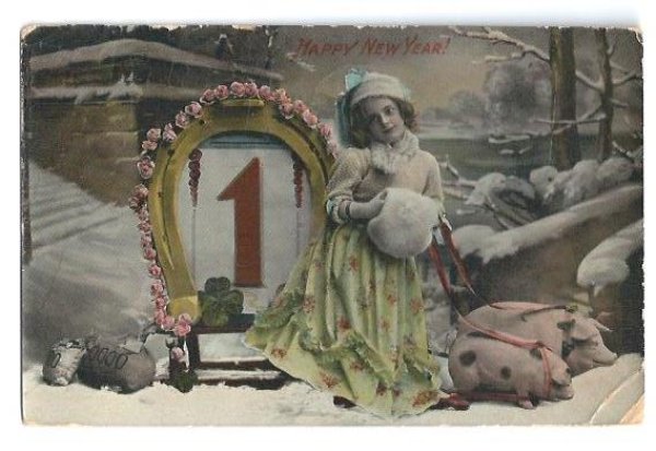 画像1: Postcard　New Year 子豚と女の子　新年　1912年　 (1)