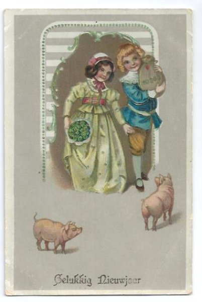 画像1: Postcard　New Year 豚さんと子どもたち　1915年　 (1)