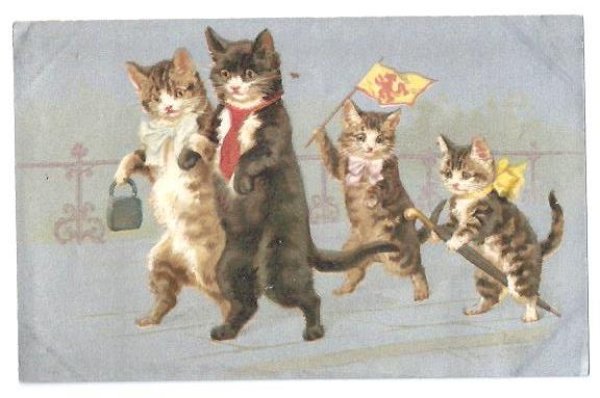 画像1: Postcard お出かけする猫の家族　未使用　Helena Maguire　 (1)