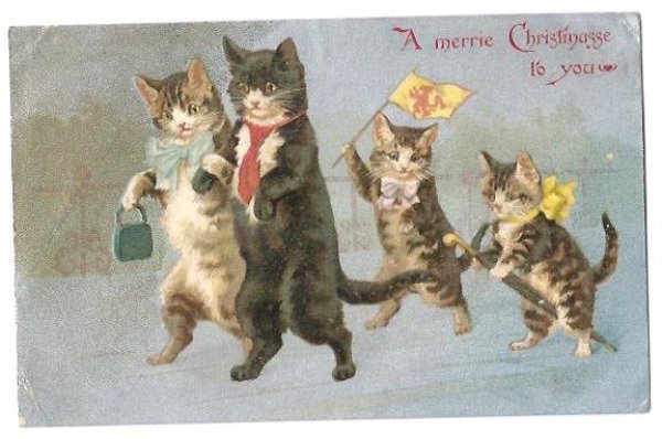 画像1: Postcard　Xmas お出かけする猫の家族　1906年　Helena Maguire　 (1)