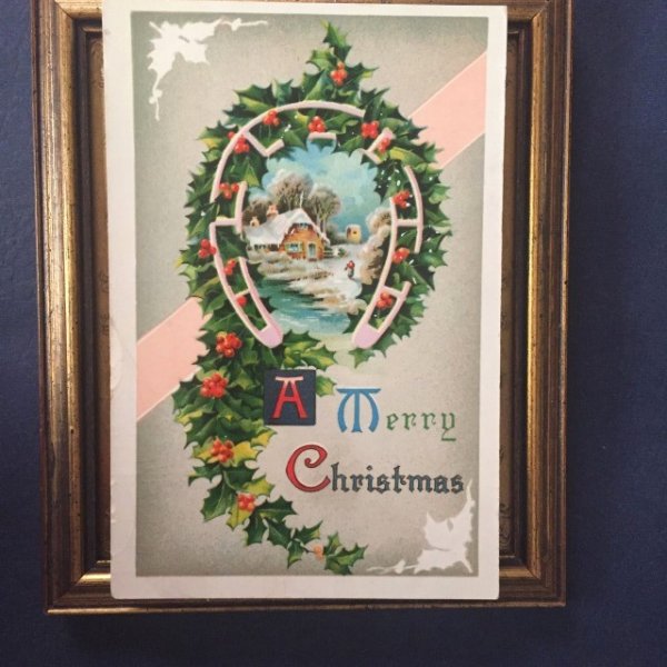 画像1: Postcard　クリスマス　ホーリーの馬蹄と雪景色　 (1)