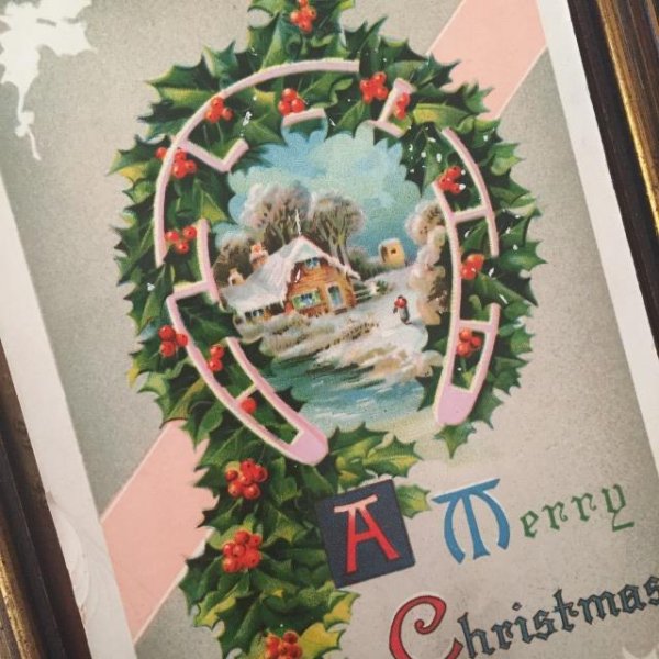 画像2: Postcard クリスマス ホーリーの馬蹄と雪景色  (2)