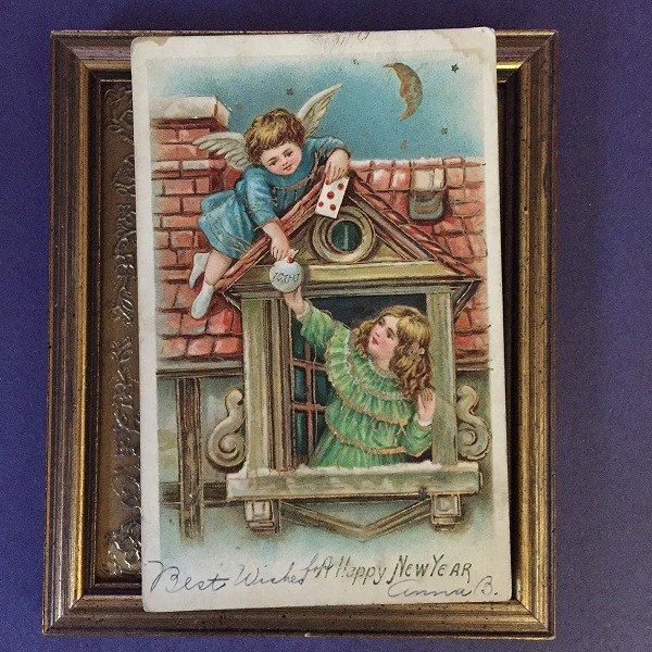 画像1: Postcard　New Year　女の子にプレゼントを渡す天使　 1908年　 (1)