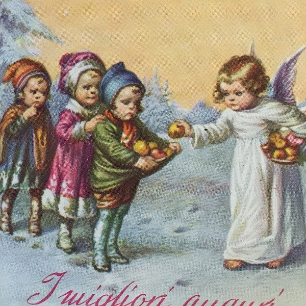 画像2: Postcard クリスマス リンゴを与える天使 Wally Fialkowska ? 未使用   (2)