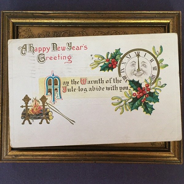 画像1: Postcard  New Year　新年祝い　ホーリーと顔のある時計　ヤドリギ　1914年　  (1)
