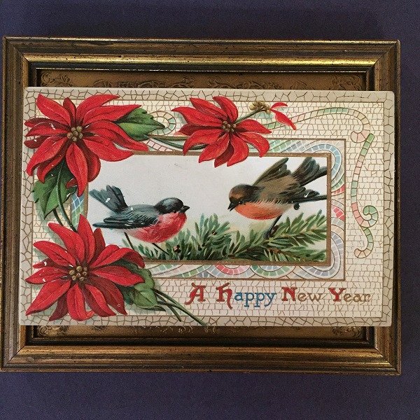画像1: Postcard  New Year　新年祝い　ポンセチアのお花とロビン　小鳥　1910年 (1)