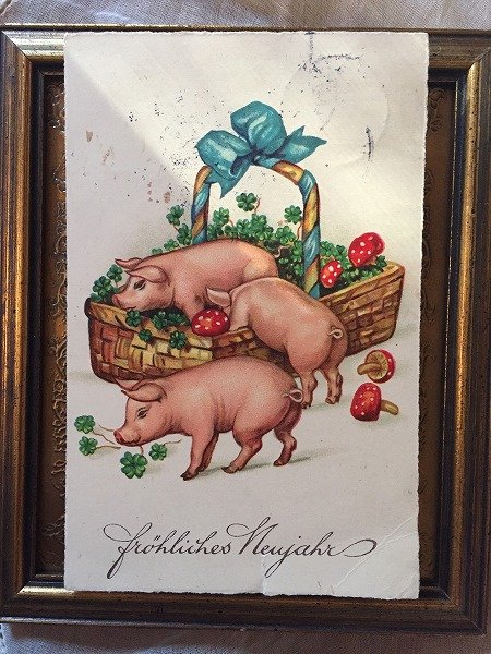 画像1: Postcard  子豚とキノコと四葉のクローバーのバスケット　 (1)