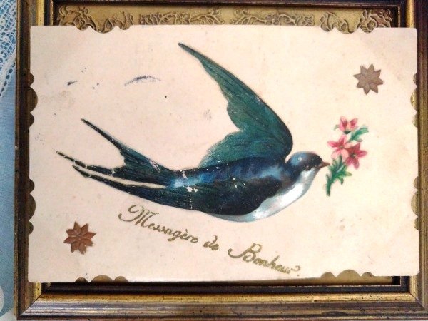 画像1: Postcard　お花を運ぶツバメ　フランス1910年代　 (1)