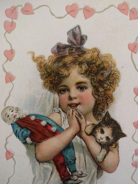画像2: Postcard バレンタイン 子猫とお人形を抱く女の子 1907年  (2)