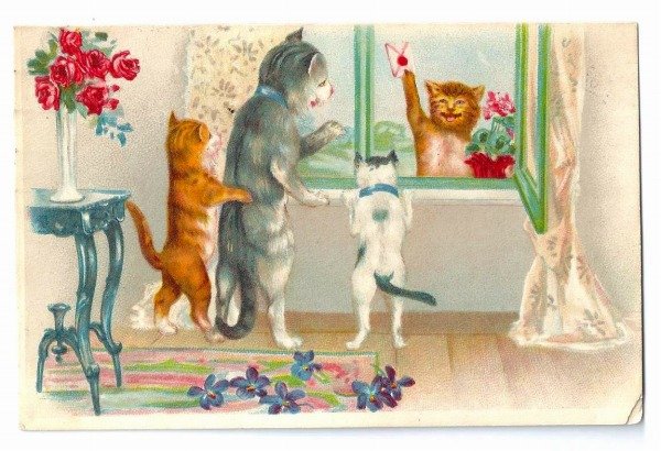 画像1: Postcard　手紙とお花を届けに来た猫さん　オランダ1926年　 (1)