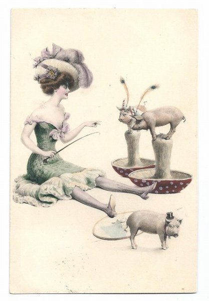 画像1: Postcard  ウィーン趣味　豚さんを調教するレディ　キノコ　M.M.VIENNE (1)