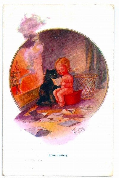 画像1: Postcard　暖炉の前で黒猫と一緒にラブレターを読む女の子　イギリス1913年　 (1)