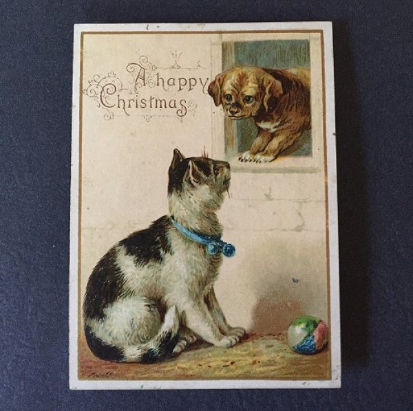 画像1: Mini Greeting card　窓から顔を出した犬を見ている猫　1900年頃 　 (1)