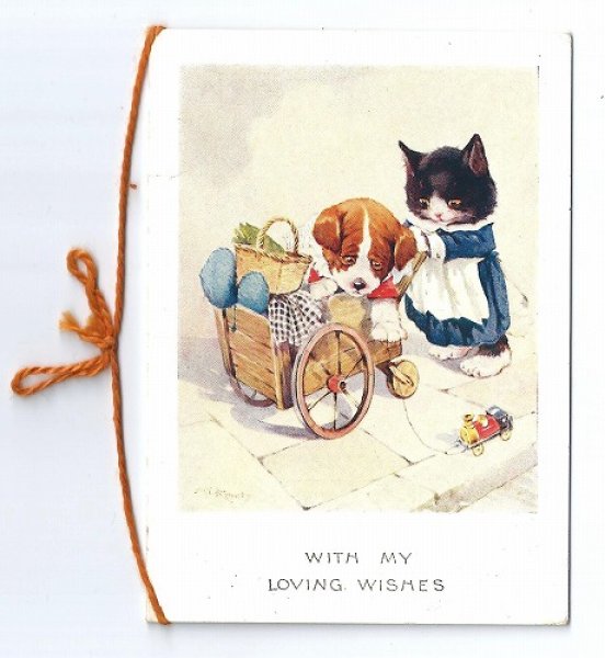 画像1: Greeting card　猫と手押し車に乗る犬　A.E.Keneddy　 (1)