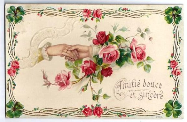 画像1: Postcard　薔薇のお花と握手をする手　ベルギー1908年 (1)