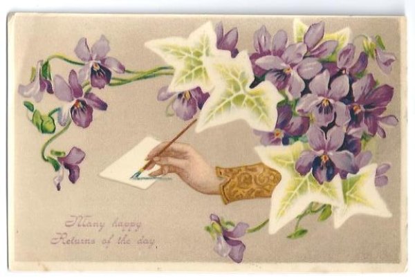 画像1: Postcard　スミレのお花と手紙を書く手　イギリス1907年 (1)