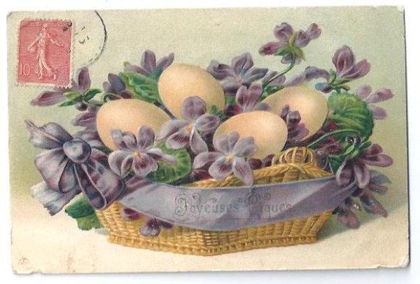 画像1: Postcard  イースター　卵とスミレのお花　フランス1907年 (1)