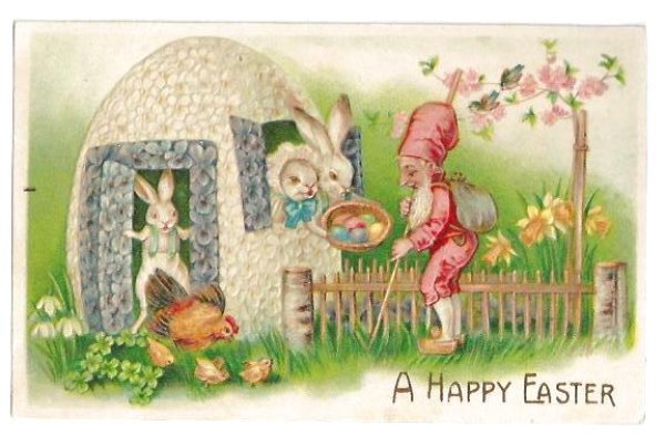 画像1: Postcard  イースター　ウサギさんに卵をもらうノーム妖精　1908年 (1)