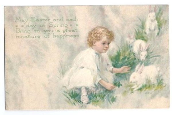 画像1: Postcard　イースター　白いドレスの少女と白兎　未使用 (1)