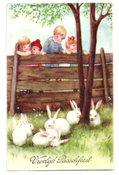 画像1: Postcard　白ウサギさんと子どもたち  Hannes Peterson (1)