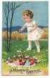 画像1: Postcard　イースター　白いドレスの女の子と卵を温めるウサギさん　未使用 (1)