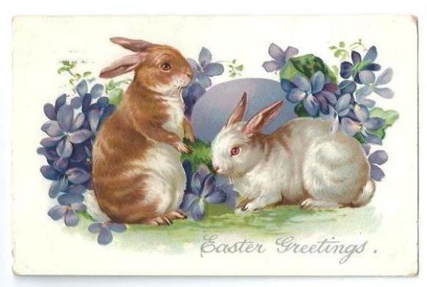画像1: Postcard　イースターエッグとスミレのお花とウサギさん (1)