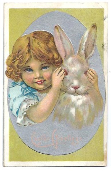画像1: Postcard　イースター　ウサギさんに目隠しをする女の子　1910年 (1)