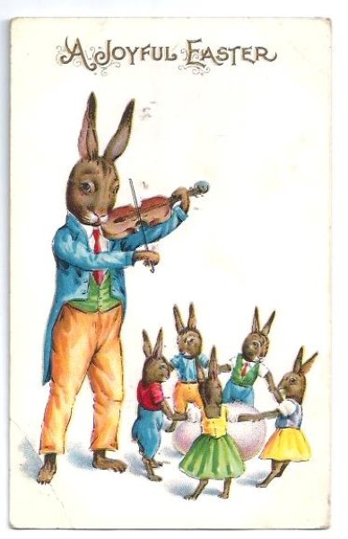画像1: Postcard　イースターエッグを囲んで遊ぶウサギさん　バイオリン (1)
