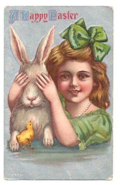 画像1: Postcard　イースター　緑のリボンの女の子に目隠しをされたウサギさん (1)