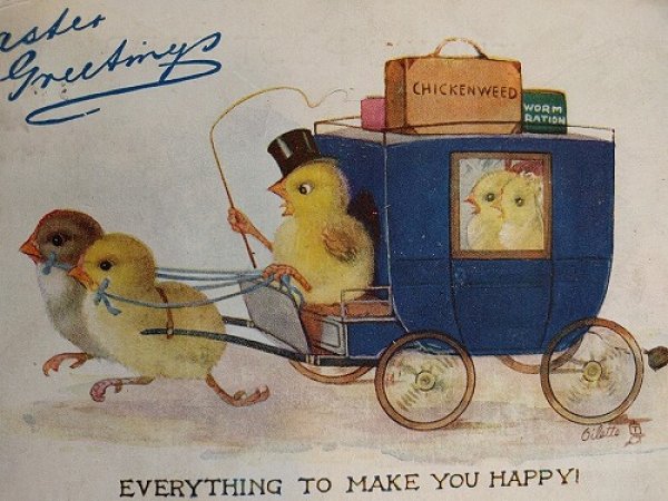 画像2: Postcard  イースター ハネムーン?ヒヨコ車でお出かけするヒヨコさん 1920年 (2)