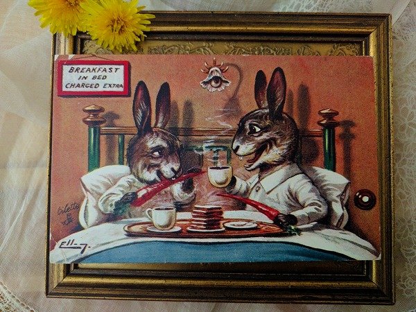 画像1: Postcard　B&Bのベッドで朝食　ウサギ　Ellam　1909年 (1)