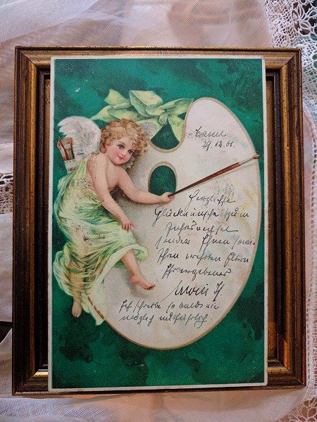 画像1: Postcard　絵筆を持つ緑の天使　パレット　Ellen Clapsaddle 1901年 (1)