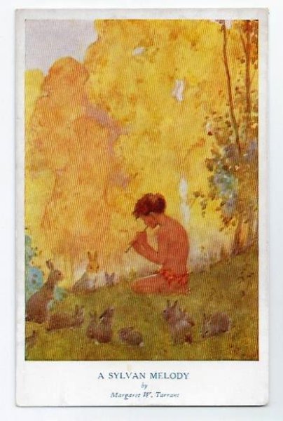 画像1: Postcard　Sylvan Melody　笛を吹く森の精霊とウサギさん　M.Tarrant　 (1)