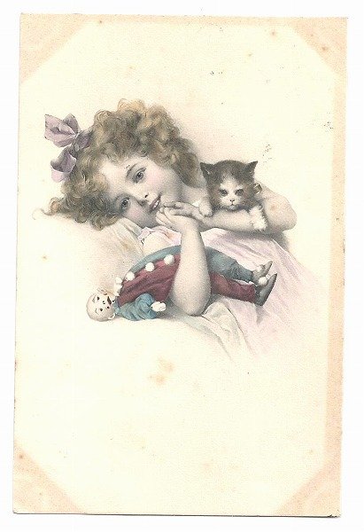 画像1: Postcard  猫とお人形さんを抱く女の子　M.M.VIENNE (1)