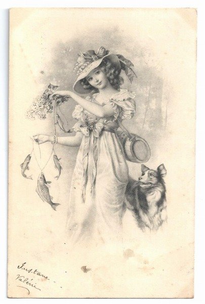 画像1: Postcard　釣った魚を持つ女性と犬　4月魚　M.M. VIENNE 1910年 (1)