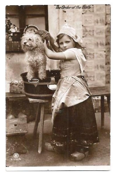 画像1: Postcard　犬を洗うオランダの女の子　バスタイム 1919年 (1)
