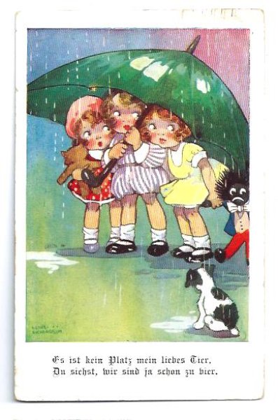 画像1: Postcard　傘を持った女の子3人組とゴーリー人形と子犬　Agnes Richardson (1)