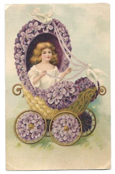 画像1: Postcard  スミレのお花車に乗る女の子　白鳩 (1)