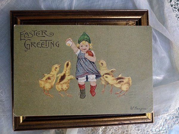 画像2: Postcard イースターエッグを持つ女の子とヒヨコ W.Langner 1908年 (2)